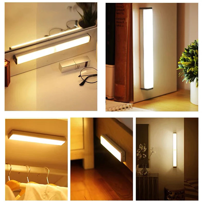 Luz noturna LED sem fio com sensor de movimento, tipo C, recarregável, para armário, guarda-roupa, escada, luz de fundo para cozinha LED