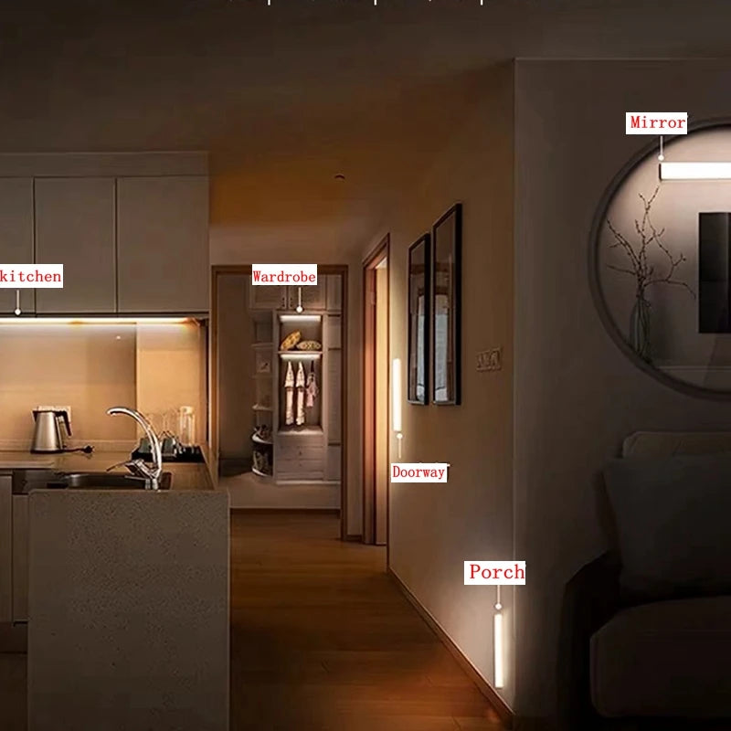 Luz noturna LED sem fio com sensor de movimento, tipo C, recarregável, para armário, guarda-roupa, escada, luz de fundo para cozinha LED