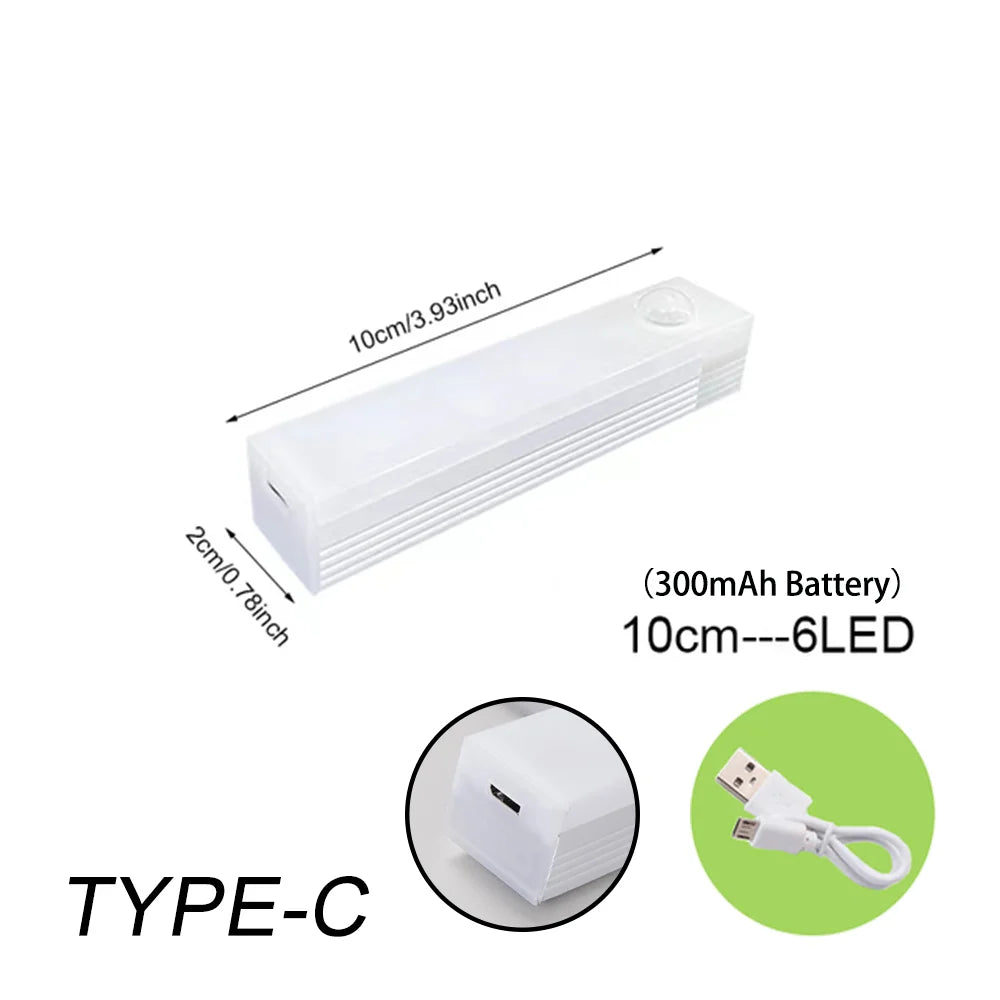 Luz noturna LED sem fio com sensor de movimento, tipo C, recarregável, para armário, guarda-roupa, escada, luz de fundo para cozinha LED