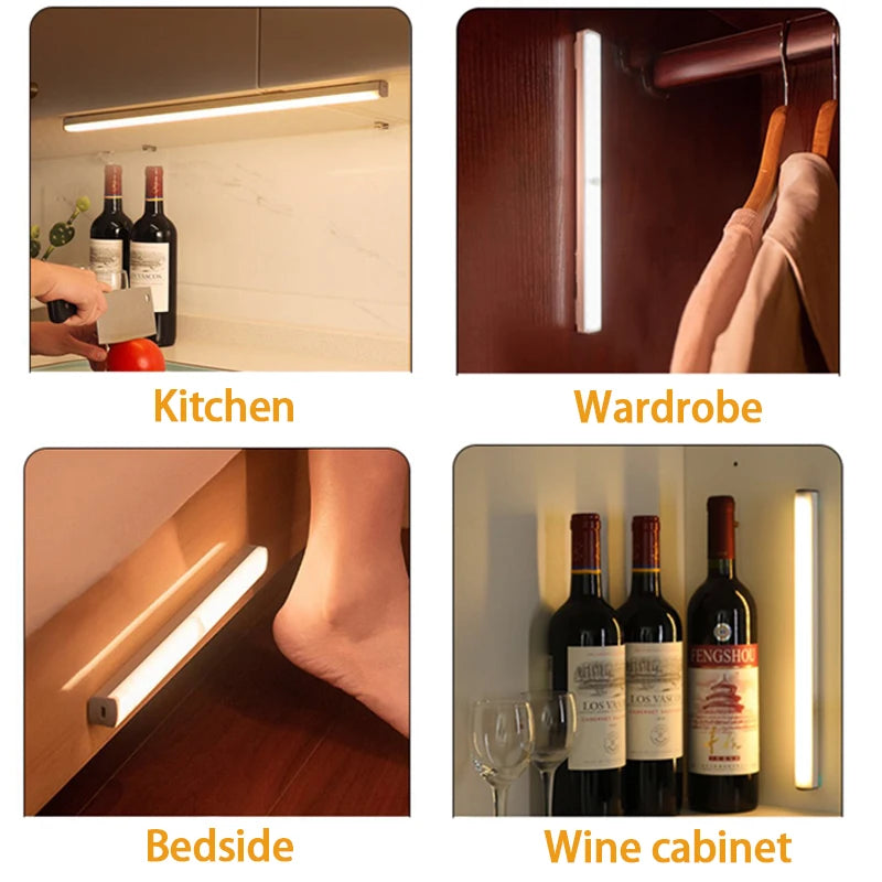 Luz noturna LED sem fio com sensor de movimento, tipo C, recarregável, para armário, guarda-roupa, escada, luz de fundo para cozinha LED