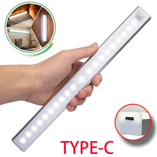 Luz noturna LED sem fio com sensor de movimento, tipo C, recarregável, para armário, guarda-roupa, escada, luz de fundo para cozinha LED